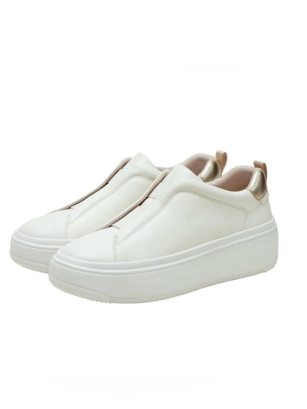 Linea Paolo Goldie White Slip-On Platform Sneakers with Gold Heel Tab